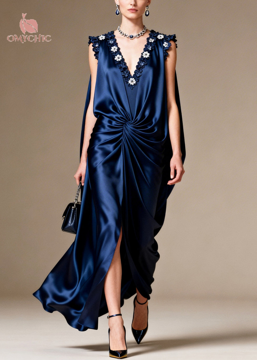 Navy Floral Silk Long Dress Asymmetrical Design Sleeveless