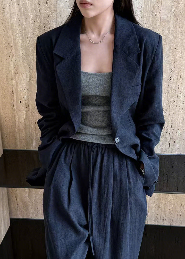Navy Linen Two-Piece Set Oversized Notched Spring