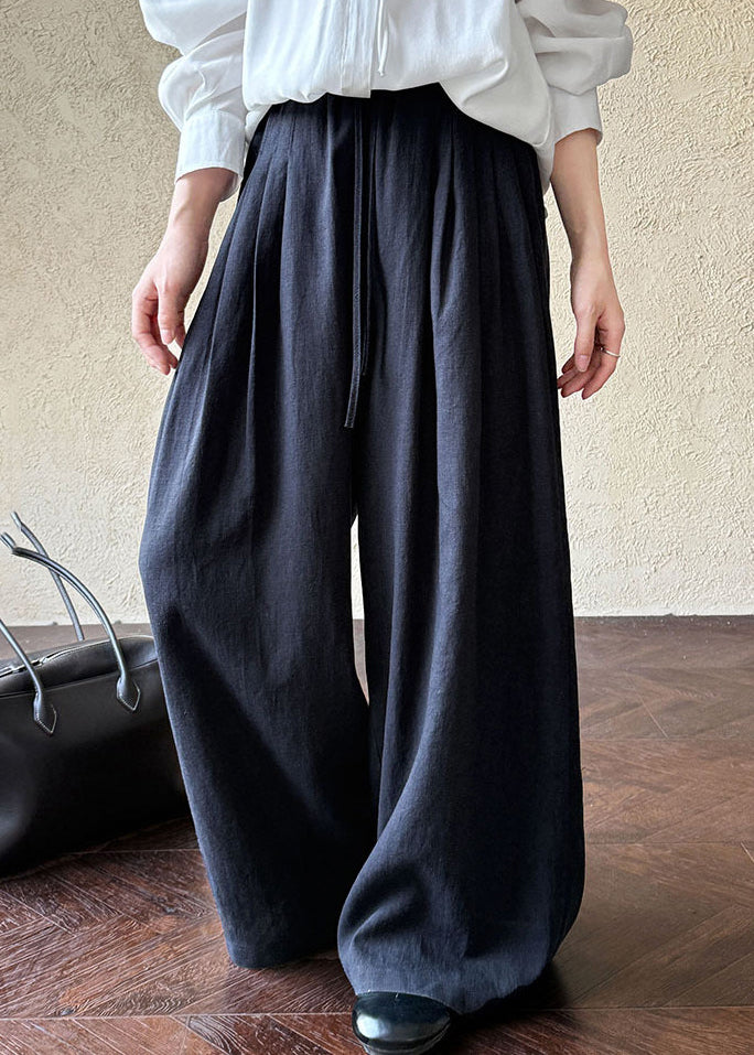 Navy Linen Wide Leg Pants Oversized Wrinkled Spring