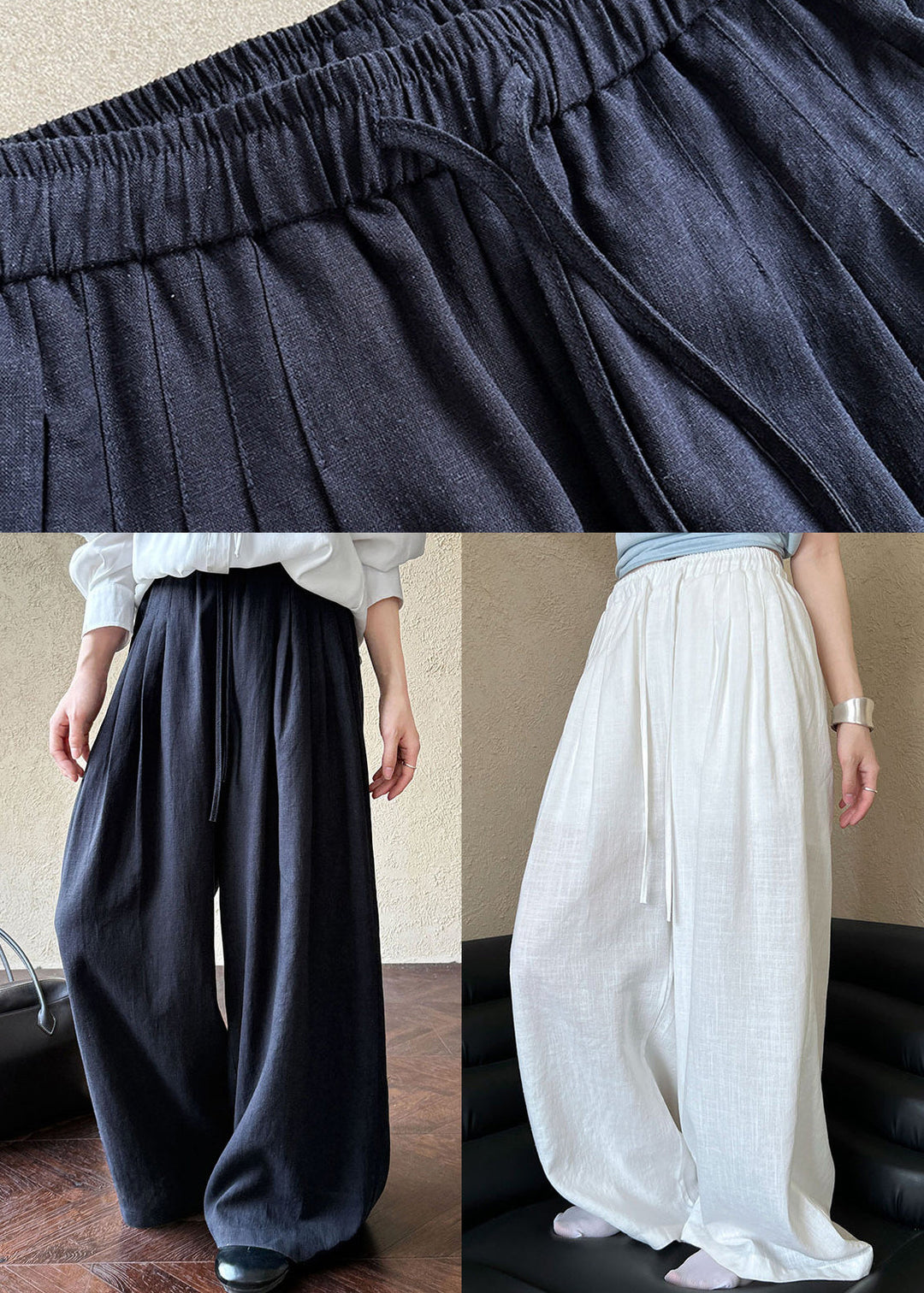 Navy Linen Wide Leg Pants Oversized Wrinkled Spring