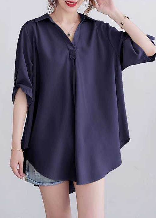 Navy Loose Cotton Tops Peter Pan Collar Summer