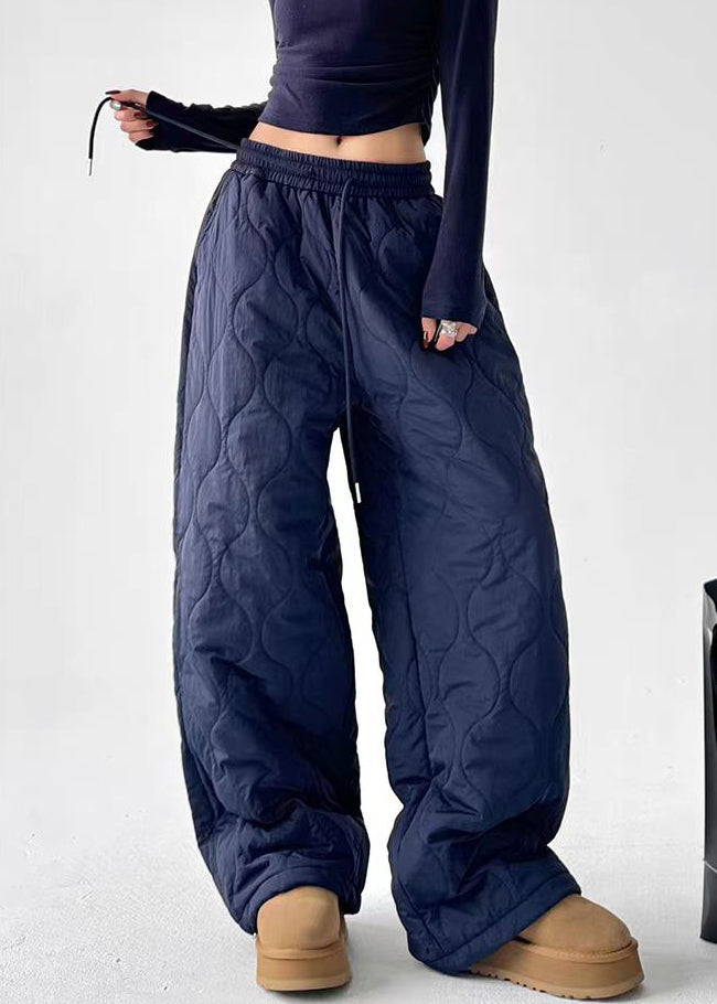 Navy Original Design Cotton Filled Wide Leg Pants Elastic Waist