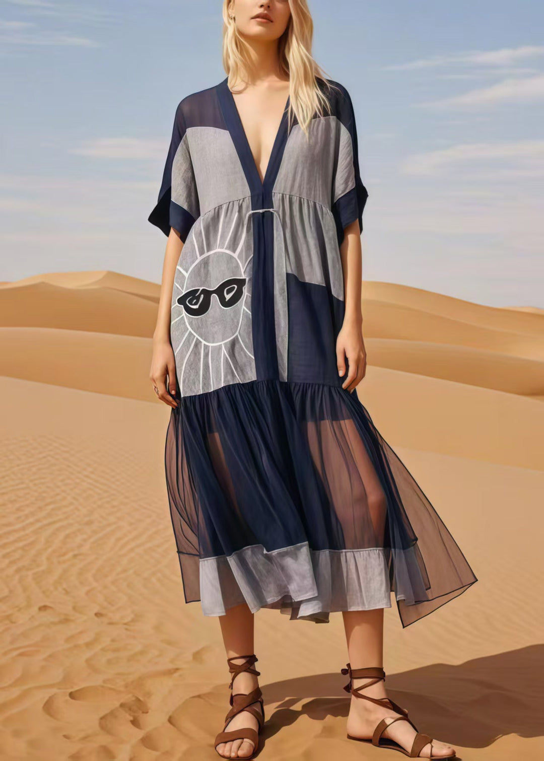 Navy Patchwork Cotton Maxi Dress Asymmetrical Summer