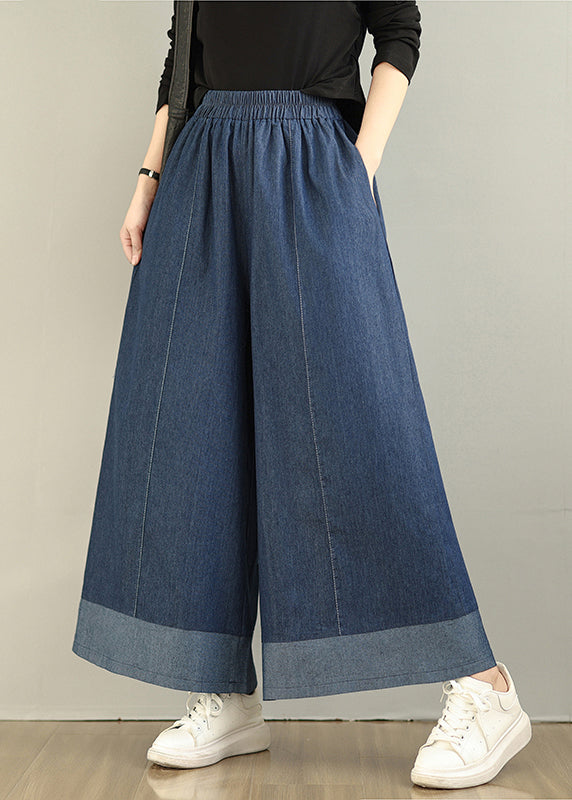 Navy Patchwork Denim Straight Pants Oversized Summer
