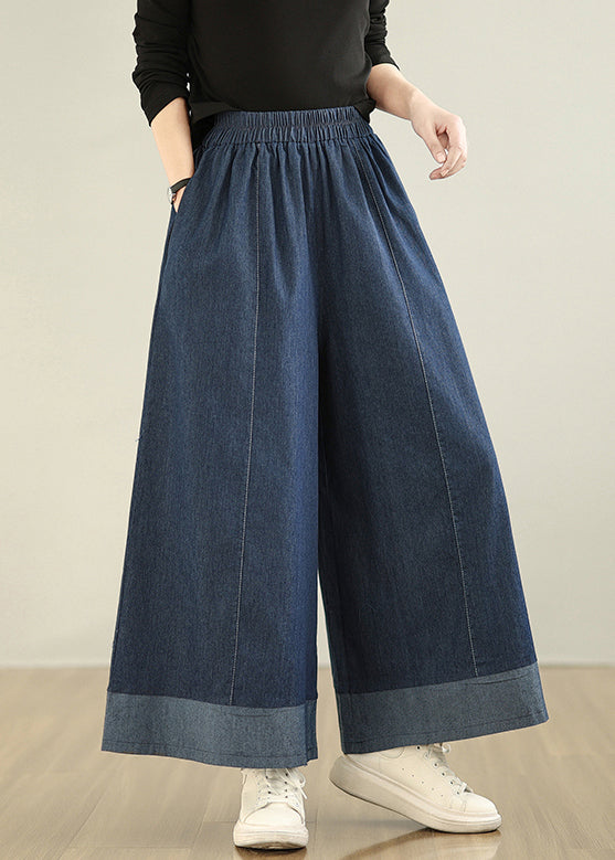 Navy Patchwork Denim Straight Pants Oversized Summer
