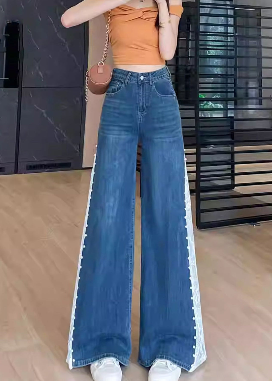 Navy Patchwork Lace Denim Flared Trousers Rivet Fall