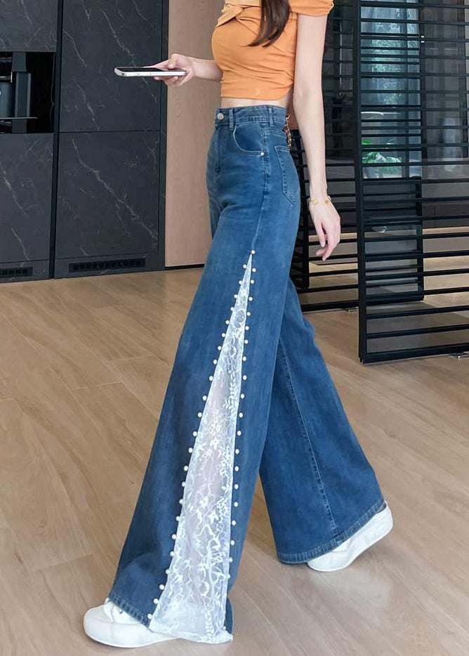 Navy Patchwork Lace Denim Flared Trousers Rivet Fall