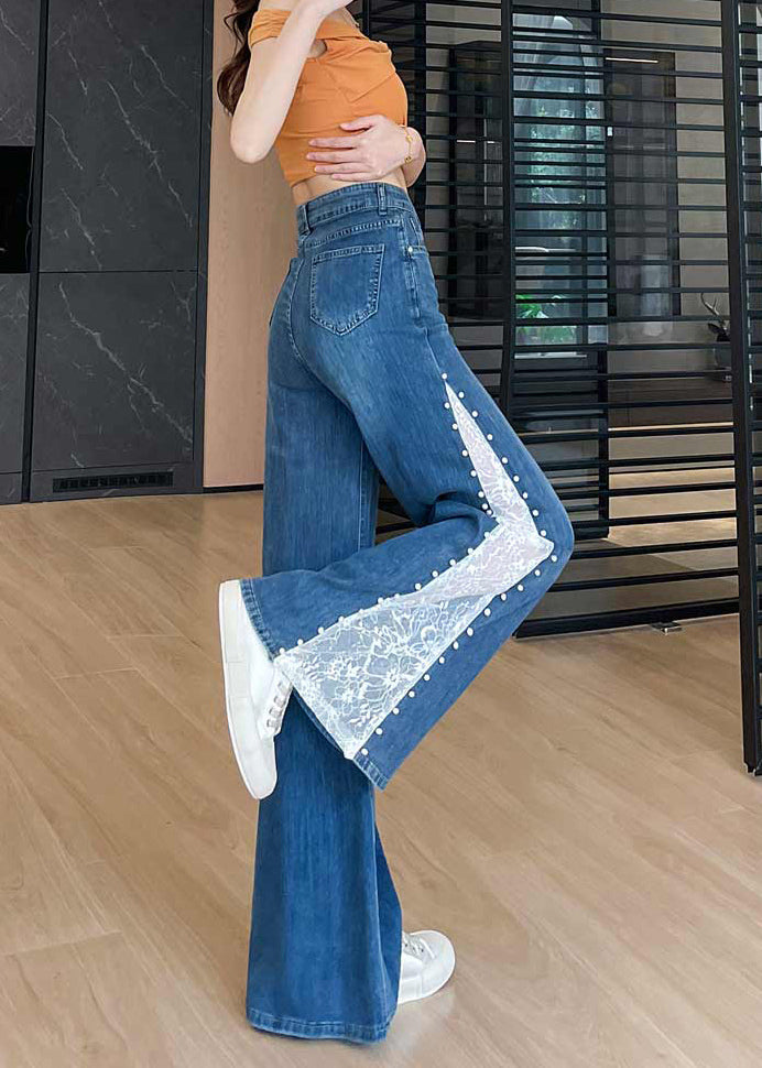 Navy Patchwork Lace Denim Flared Trousers Rivet Fall