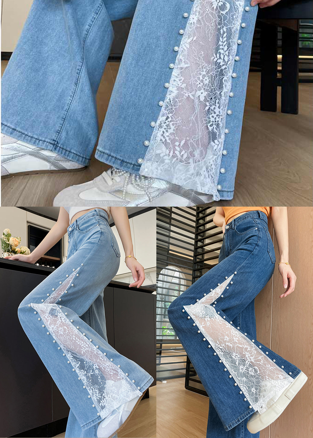 Navy Patchwork Lace Denim Flared Trousers Rivet Fall