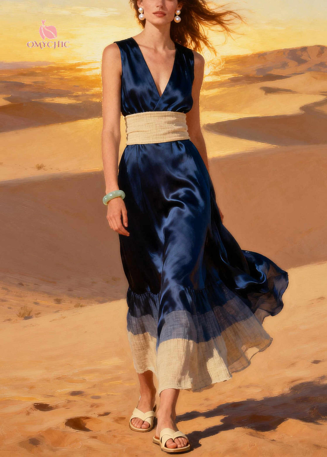 Navy Patchwork Silk Party Dress V Neck Summer