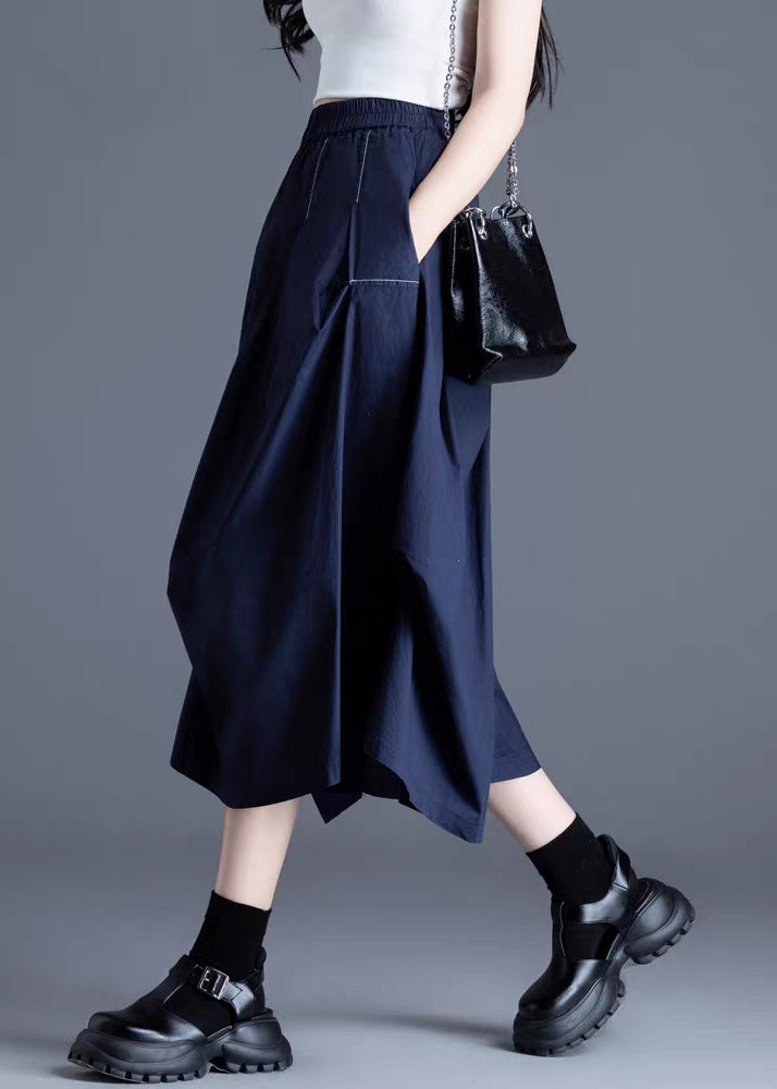 Navy Pockets Elastic Waist Cotton Skirts Wrinkled