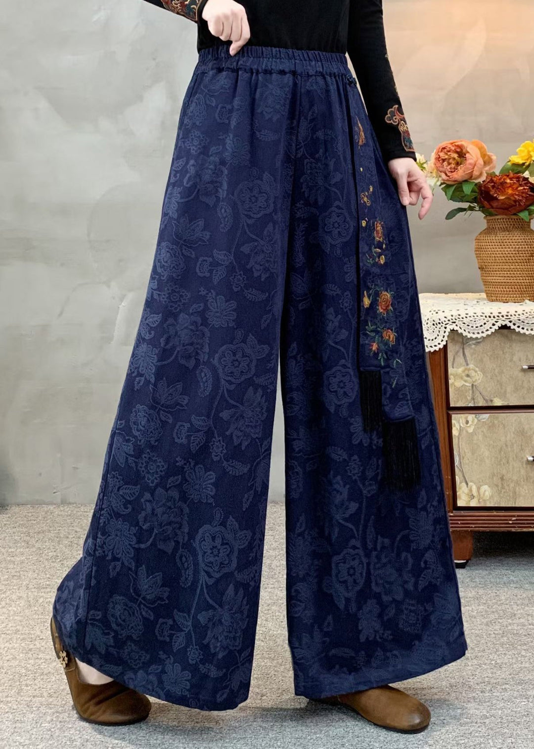 Navy Pockets Jacquard Retro Cotton Pants Embroidered Fall