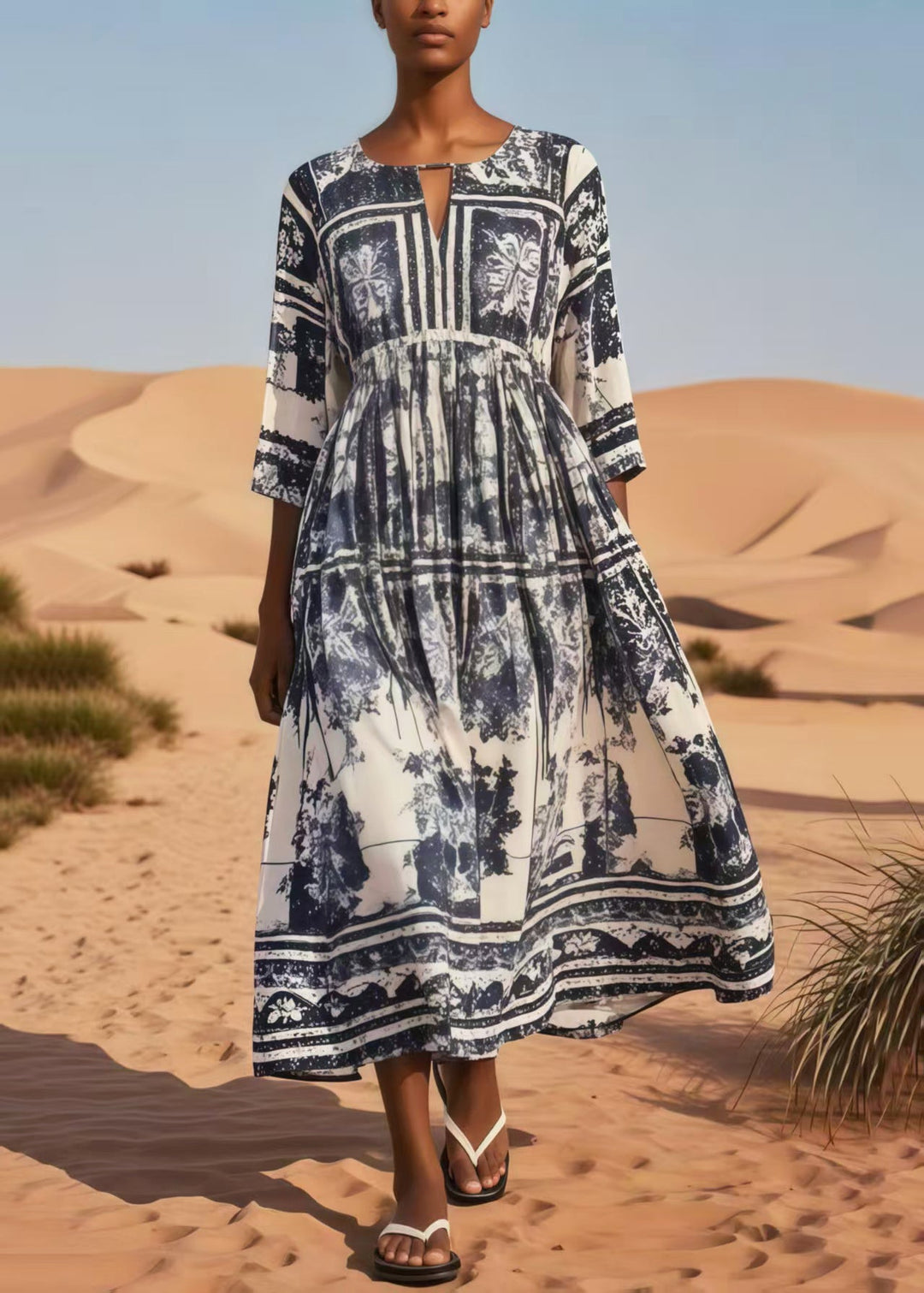 Navy Print Cotton Vacation Dresses Oversized Summer