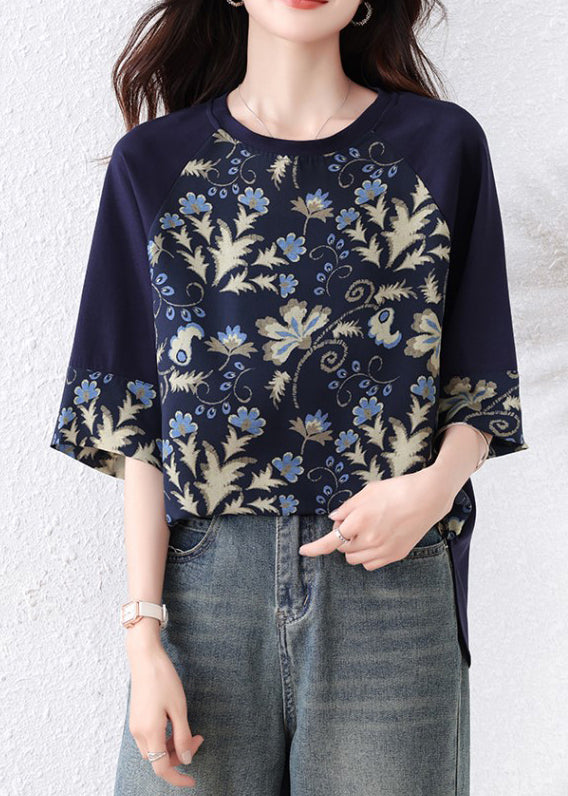 Navy Print Patchwork Cotton Top O Neck Half Sleeve