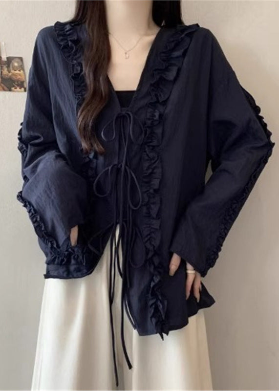 Navy Ruffled Cotton Loose Shirts Lace Up Fall