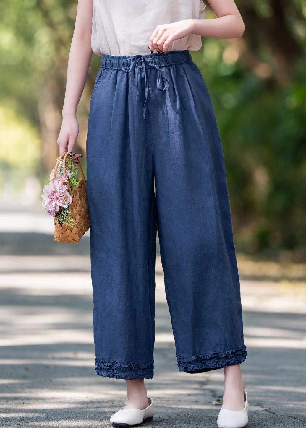 Navy Ruffled Pockets Linen Summer Crop Pants Elastic Waist