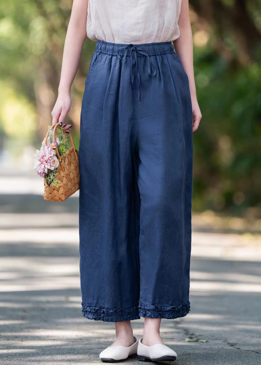 Navy Ruffled Pockets Linen Summer Crop Pants Elastic Waist