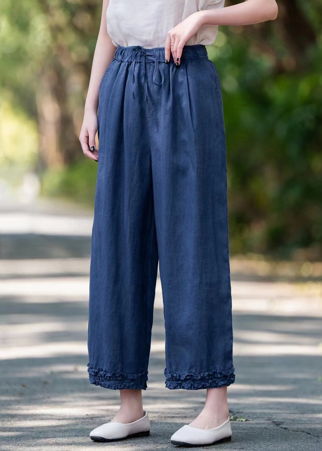 Navy Ruffled Pockets Linen Summer Crop Pants Elastic Waist