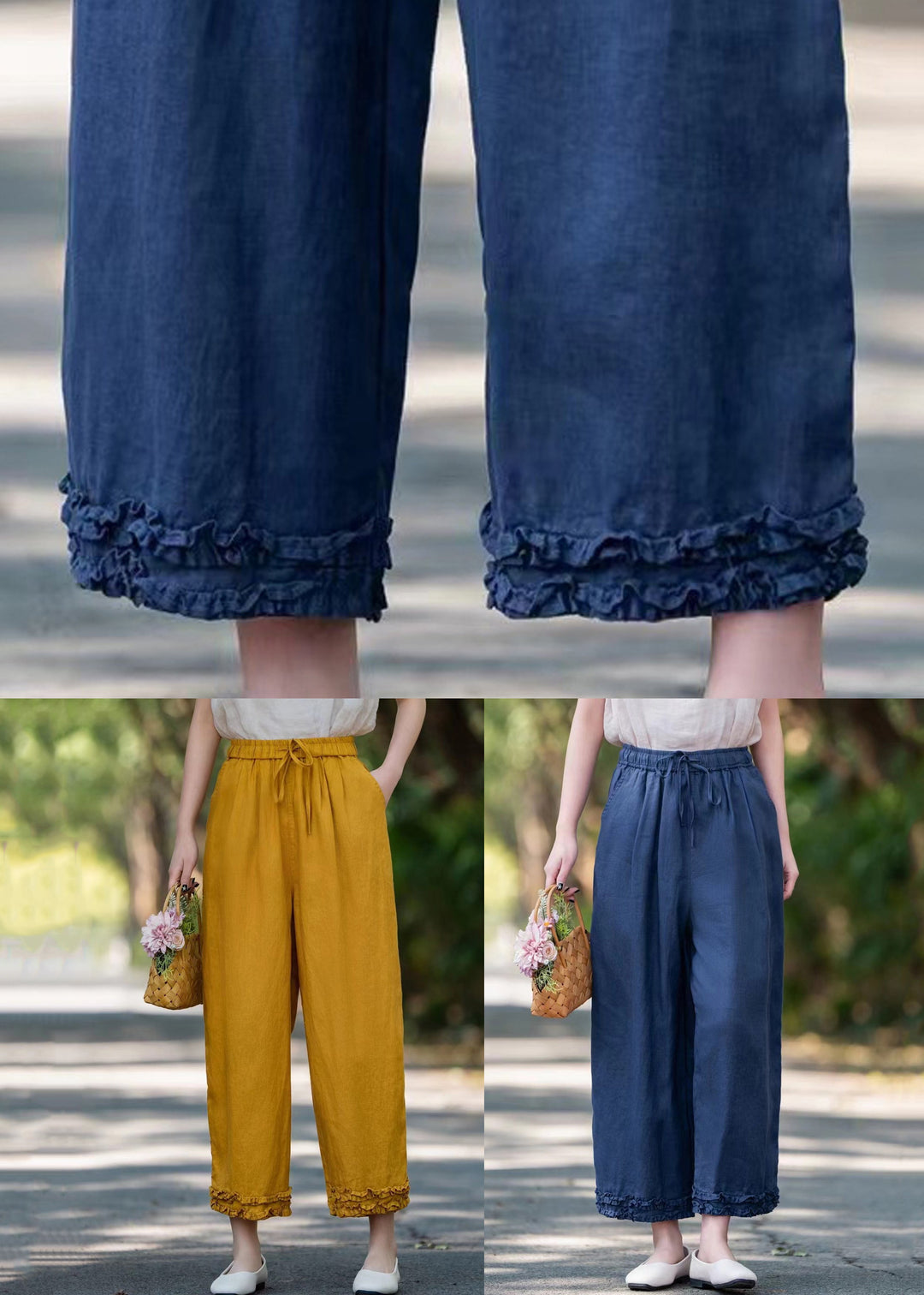 Navy Ruffled Pockets Linen Summer Crop Pants Elastic Waist
