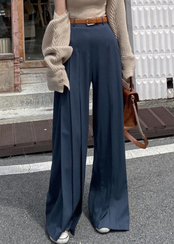 Navy Wrinkled Solid Spandex Wide Leg Pants High Waist