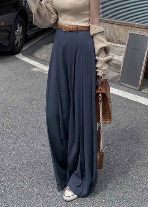 Navy Wrinkled Solid Spandex Wide Leg Pants High Waist