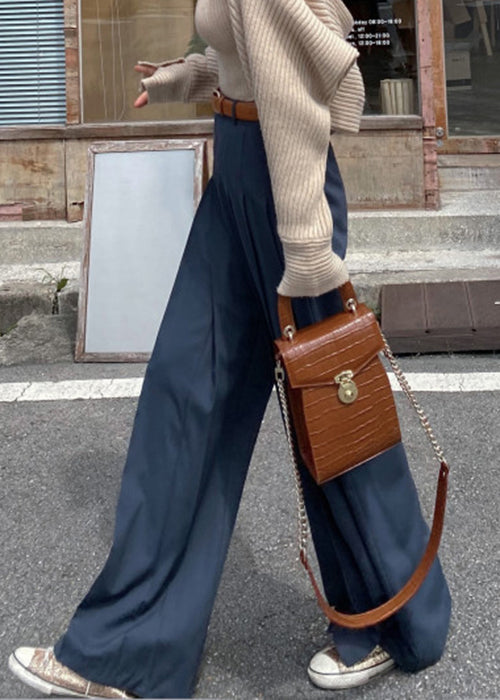 Navy Wrinkled Solid Spandex Wide Leg Pants High Waist