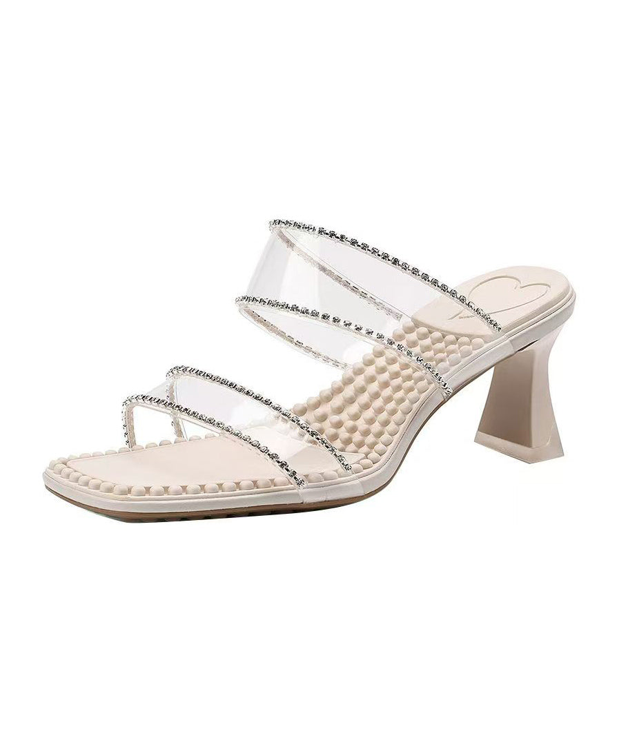 New Apricot Clear Chunky Heel Zircon Slide Sandals Peep Toe
