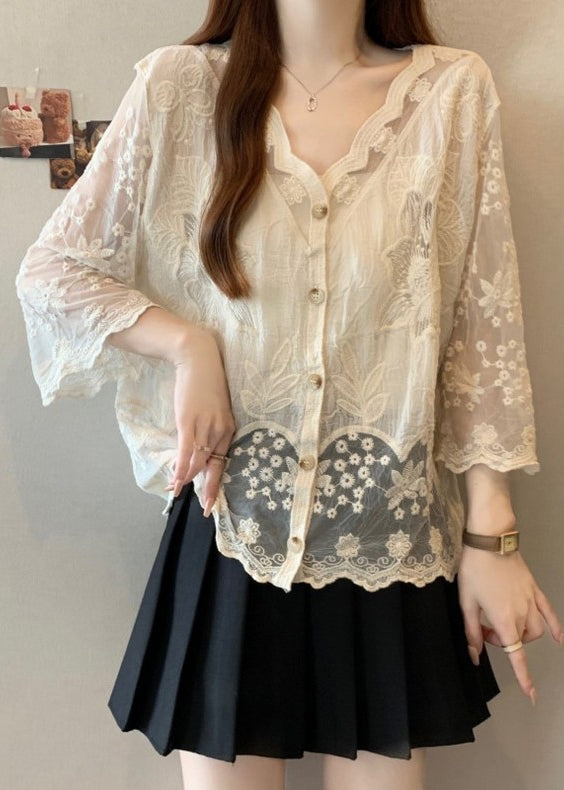 New Apricot Embroidered Button Cotton Shirts Bracelet Sleeve