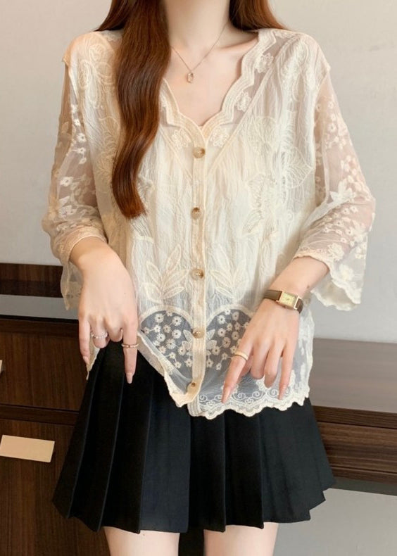 New Apricot Embroidered Button Cotton Shirts Bracelet Sleeve