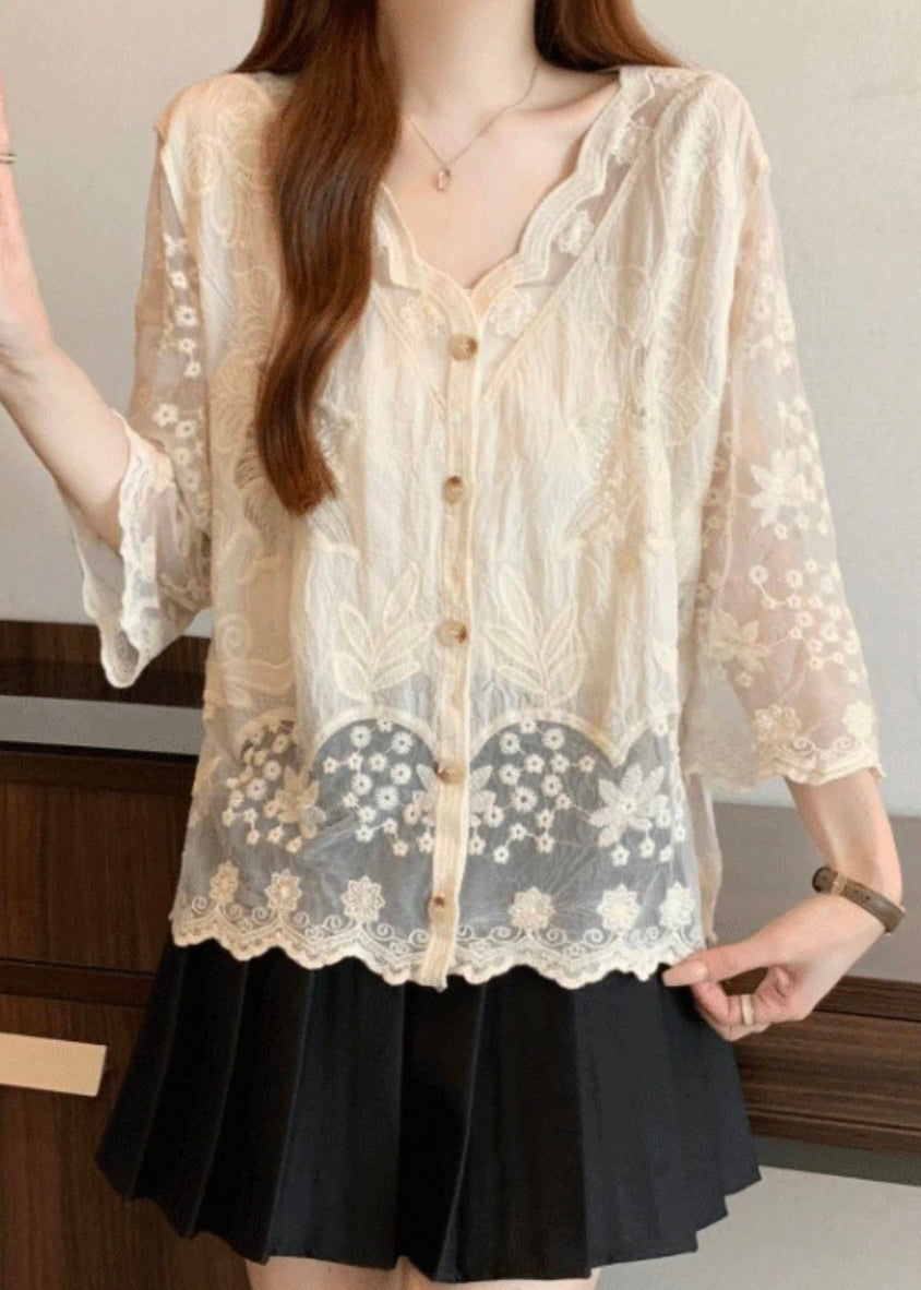 New Apricot Embroidered Button Cotton Shirts Bracelet Sleeve