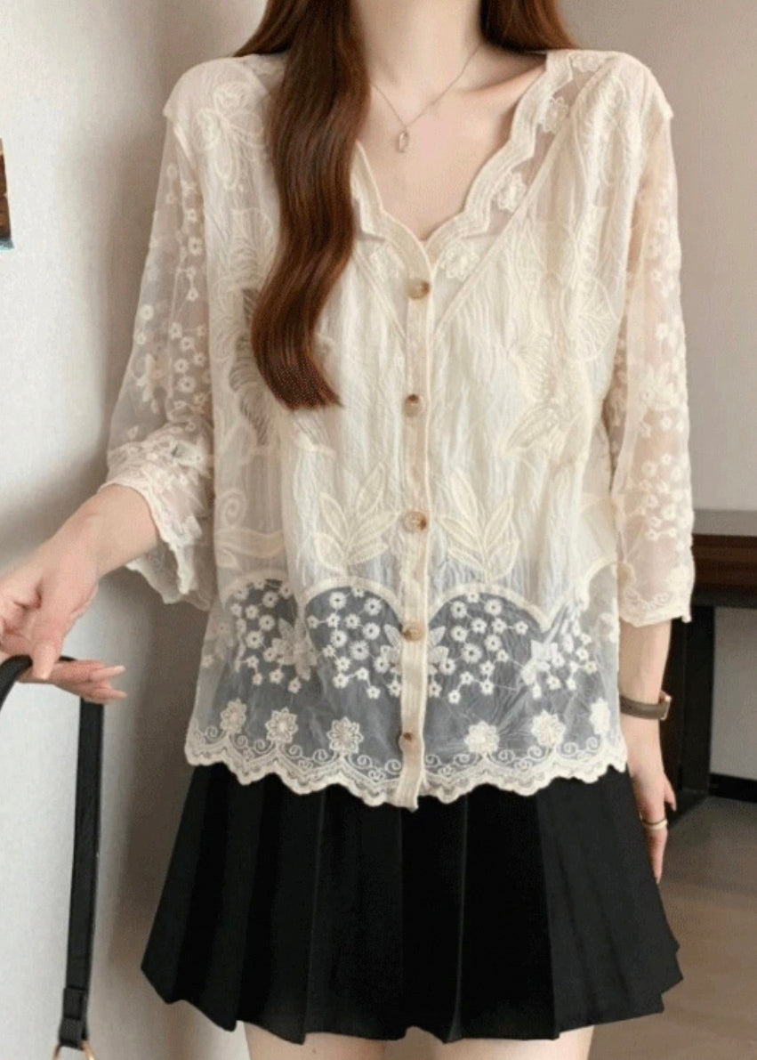 New Apricot Embroidered Button Cotton Shirts Bracelet Sleeve