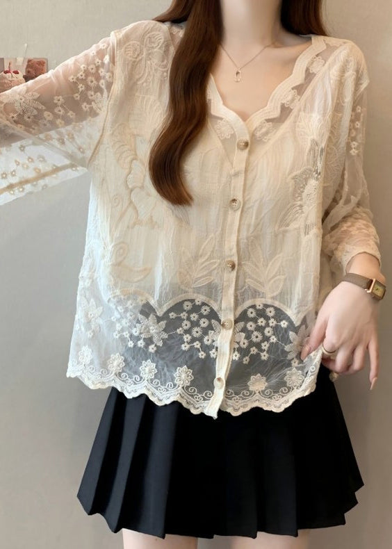 New Apricot Embroidered Button Cotton Shirts Bracelet Sleeve