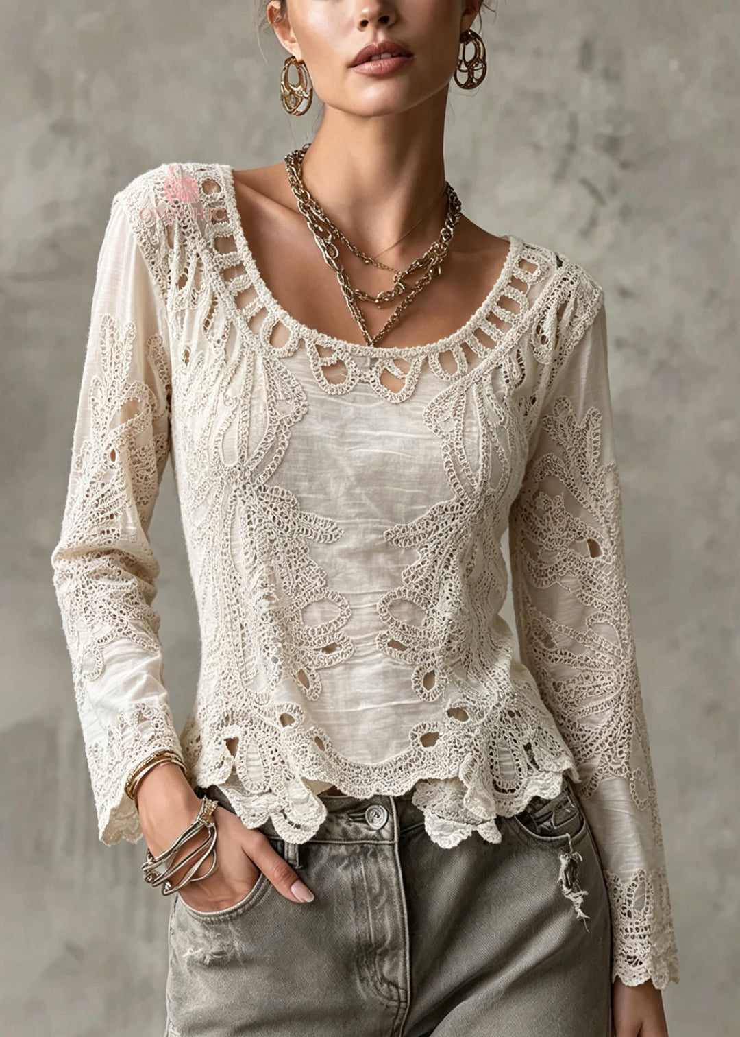 New Apricot Hollow Out Embroidered Cotton Top Long Sleeve