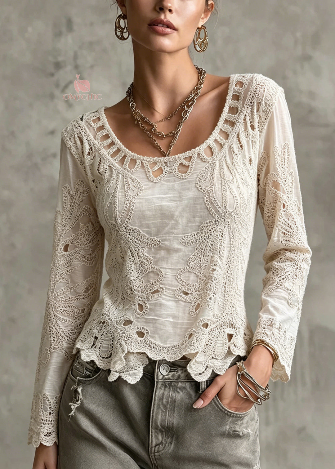 New Apricot Hollow Out Embroidered Cotton Top Long Sleeve