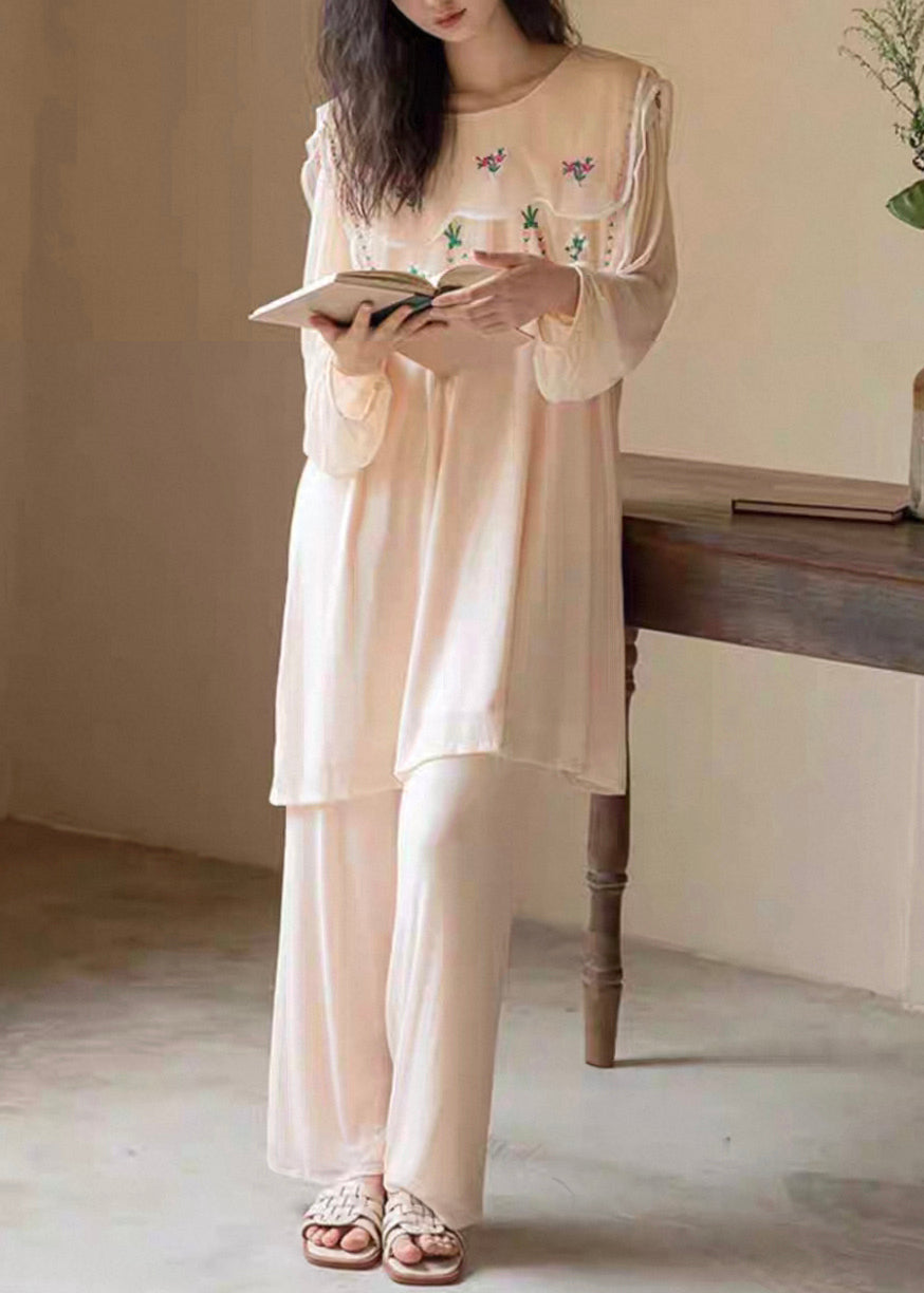 New Apricot Original Design Print Ice Silk Pajamas Two Pieces Set Fall