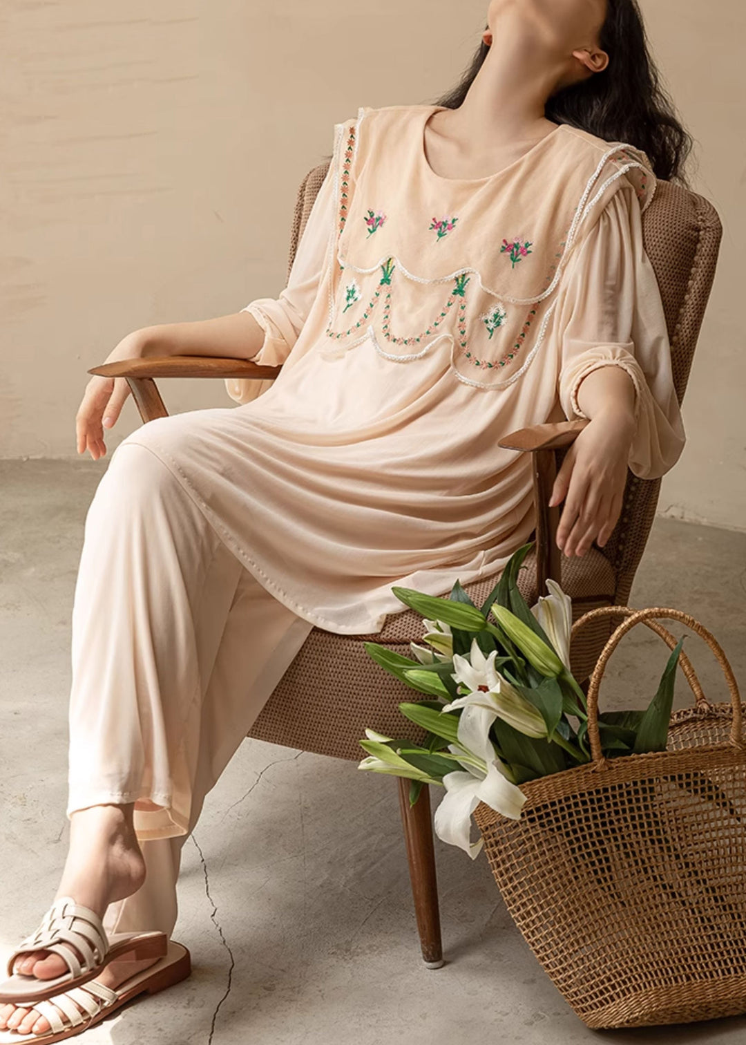 New Apricot Original Design Print Ice Silk Pajamas Two Pieces Set Fall