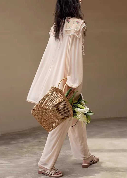 New Apricot Original Design Print Ice Silk Pajamas Two Pieces Set Fall