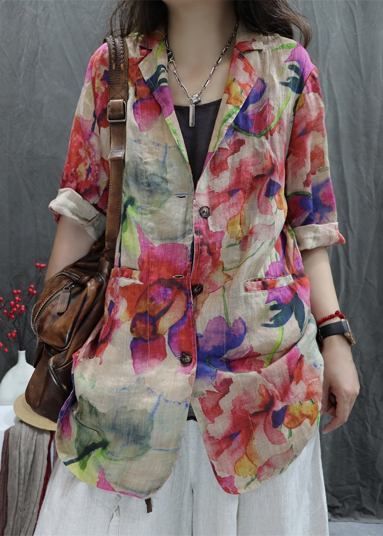 New Apricot Print Back Open Pockets Cotton Coats Bracelet Sleeve