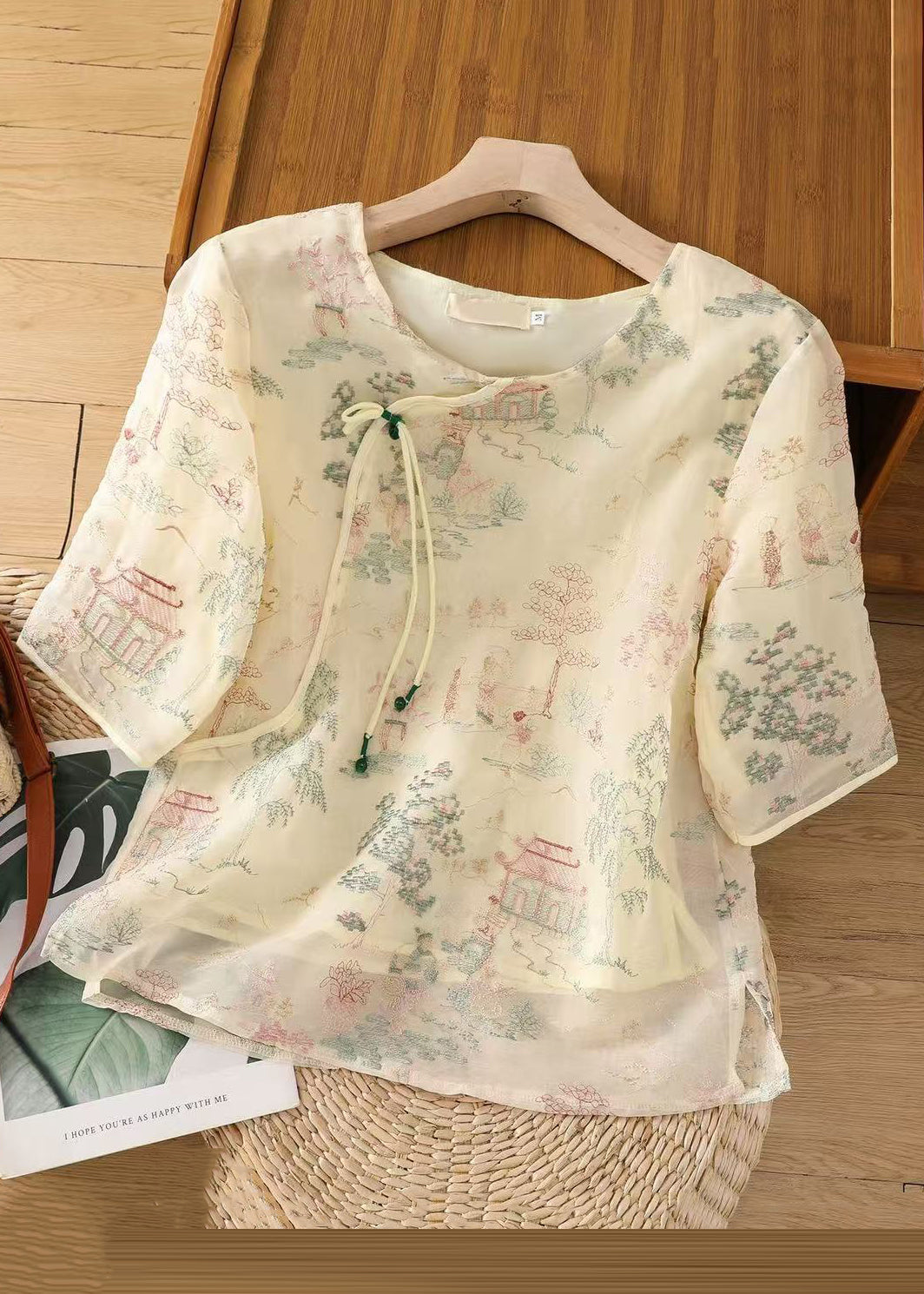 New Apricot Print Side Open Tulle Blouses Half Sleeve