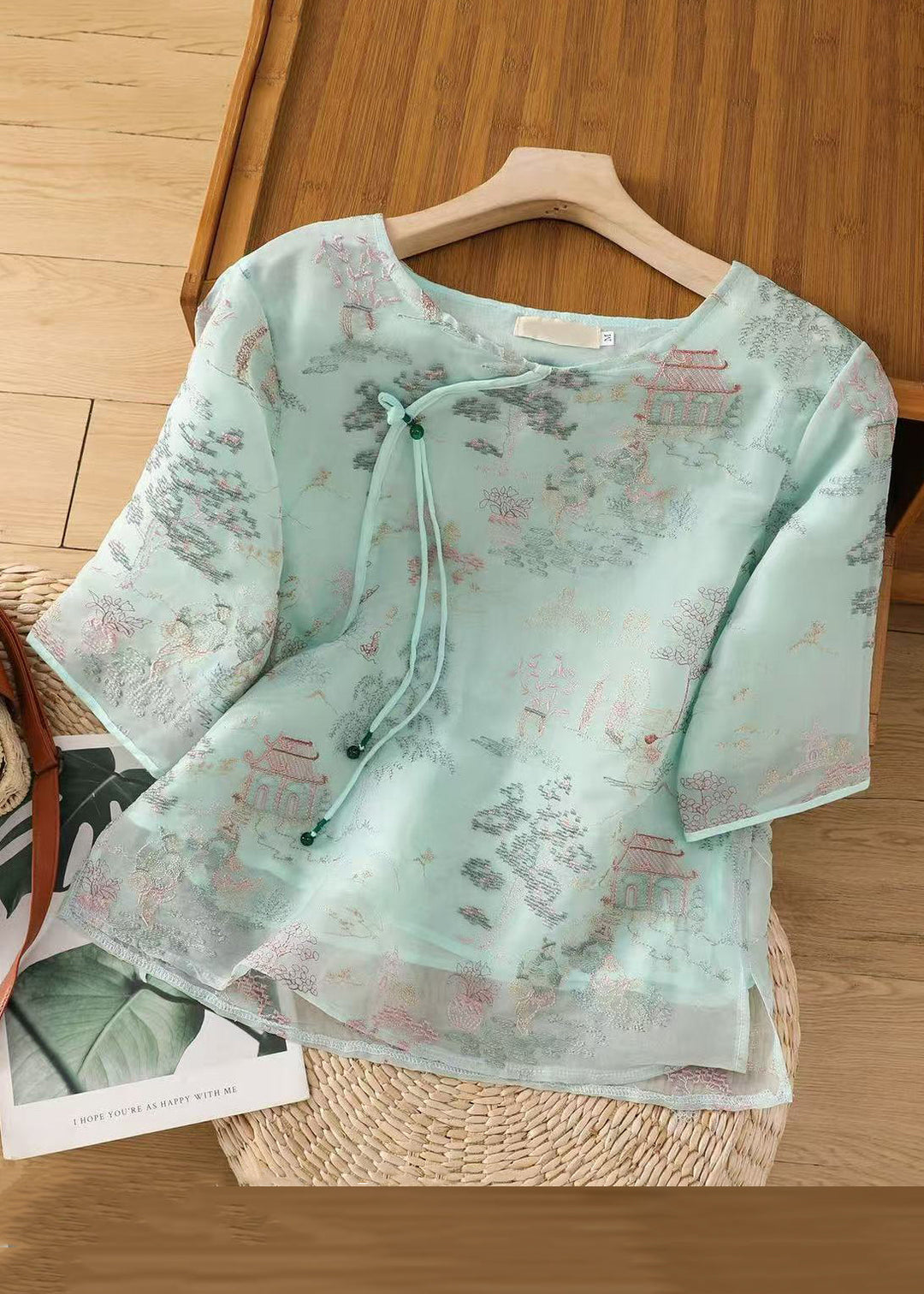 New Apricot Print Side Open Tulle Blouses Half Sleeve