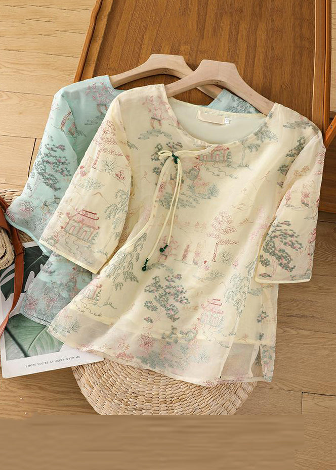 New Apricot Print Side Open Tulle Blouses Half Sleeve