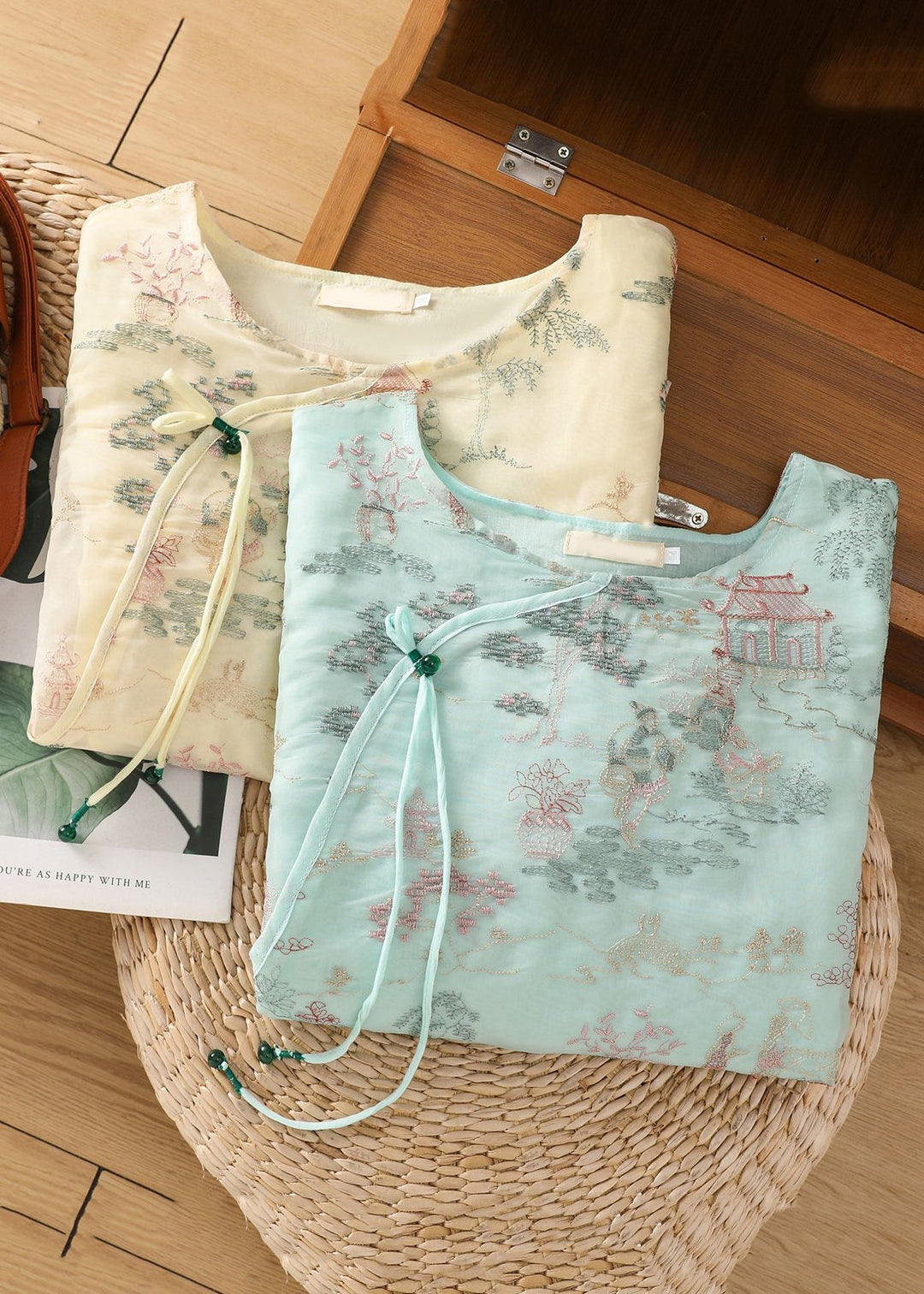 New Apricot Print Side Open Tulle Blouses Half Sleeve