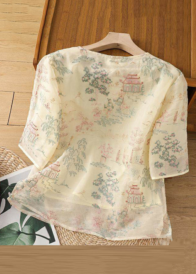 New Apricot Print Side Open Tulle Blouses Half Sleeve