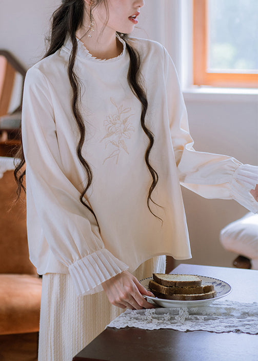 New Apricot Ruffled Embroidered Patchwork Cotton Top Fall