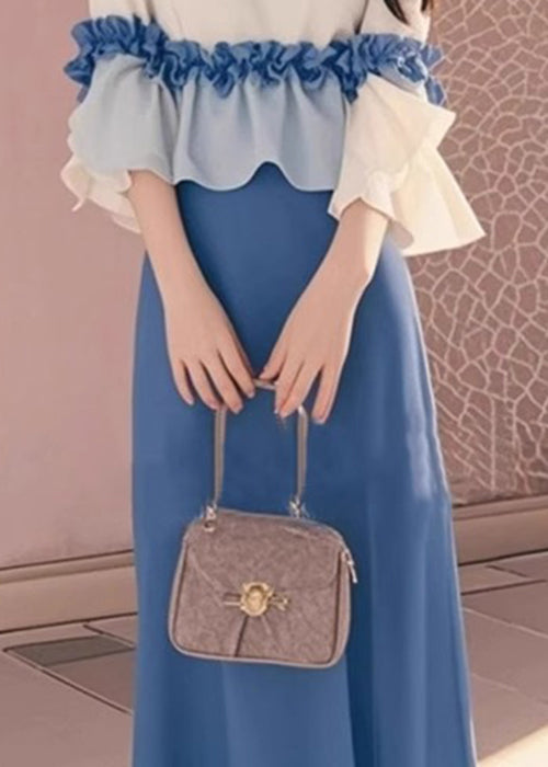 New Apricot Ruffled Tops And Blue Skirts Cotton Two Piece Set Fall