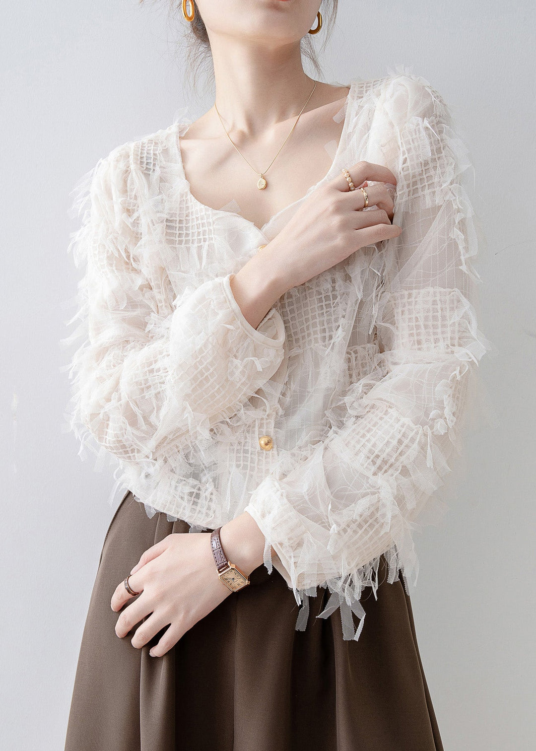 New Apricot Square Collar Tassel Patchwork Tulle Shirt Top Spring