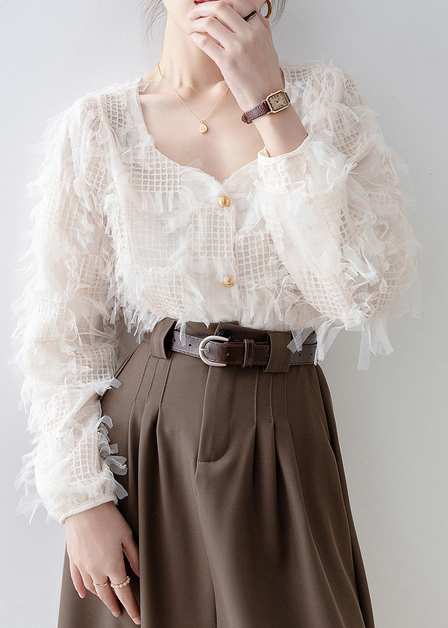 New Apricot Square Collar Tassel Patchwork Tulle Shirt Top Spring