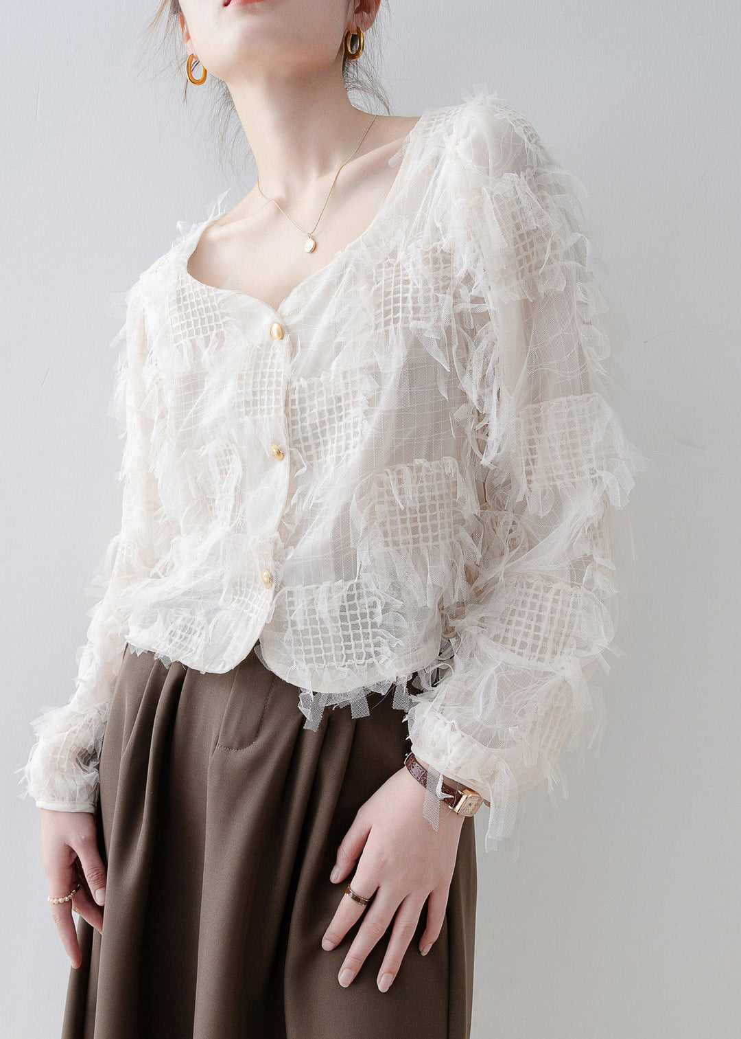 New Apricot Square Collar Tassel Patchwork Tulle Shirt Top Spring