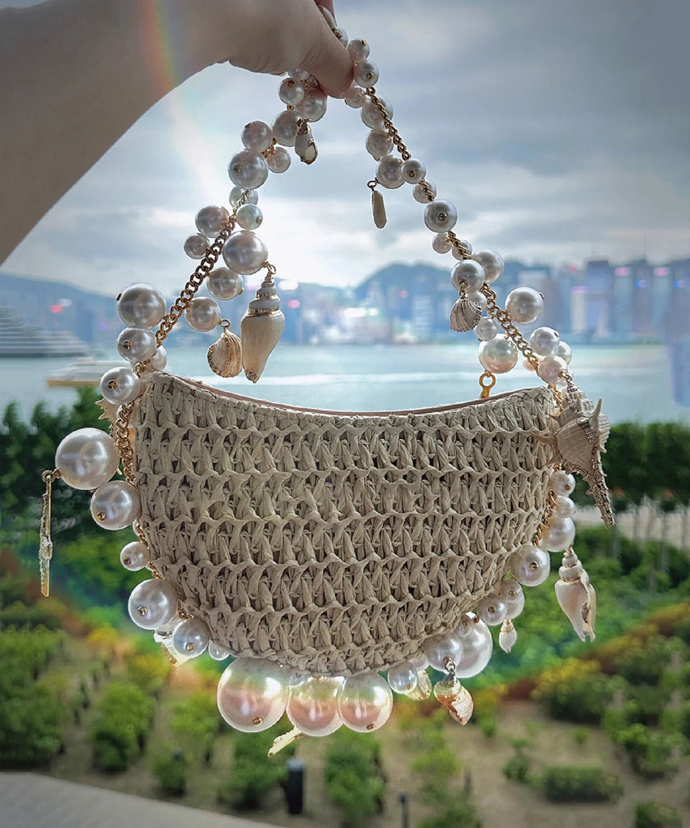 New Apricot Straw Woven Pearl Tote Handbag