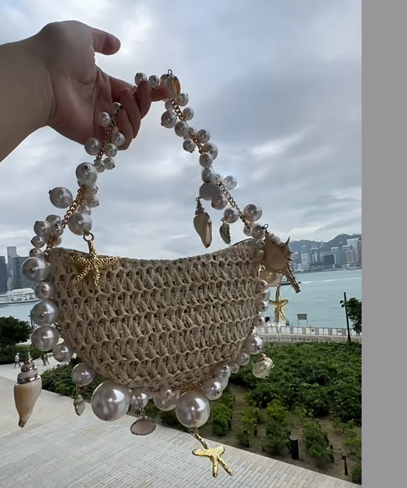 New Apricot Straw Woven Pearl Tote Handbag